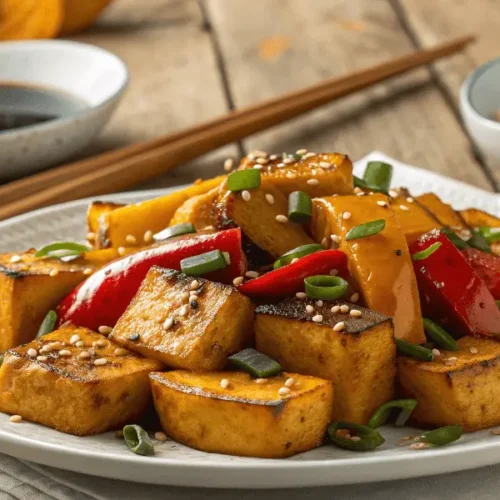 Vegan Chinese kabocha squash stir-fry with tofu and veggies