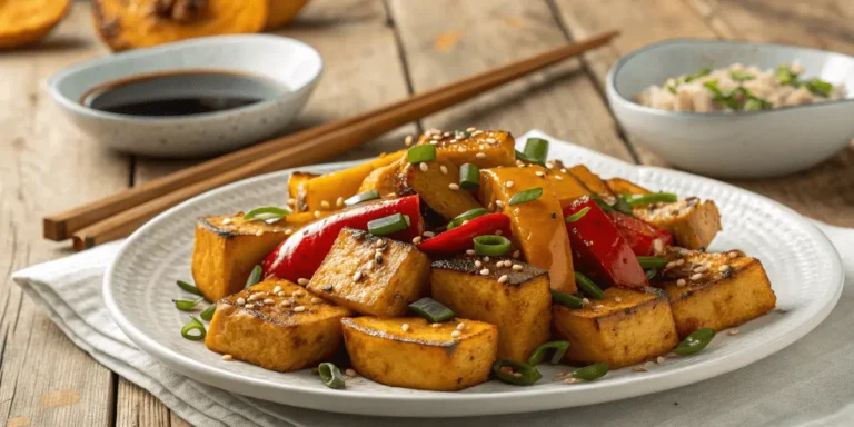 Vegan Chinese kabocha squash stir-fry with tofu and veggies