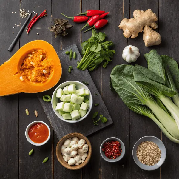 a table with various vegetables and spices