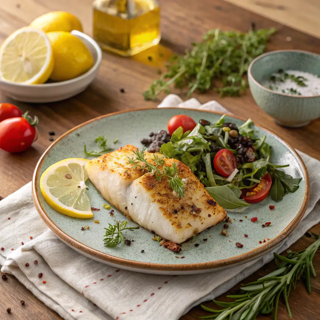 Finished halibut recipes air fryer​ Dish with Side Salad