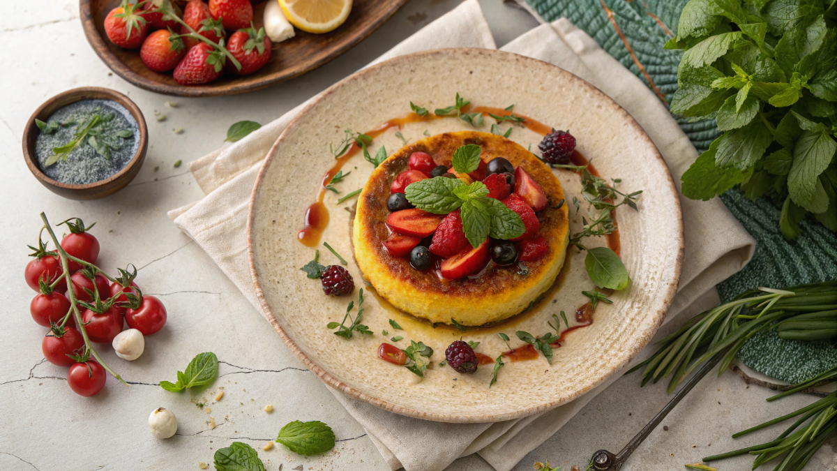 Vibrant terra massoud dish plated with fresh vegetables and herbs