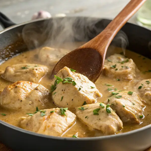 Finished chicken simmering in gravy