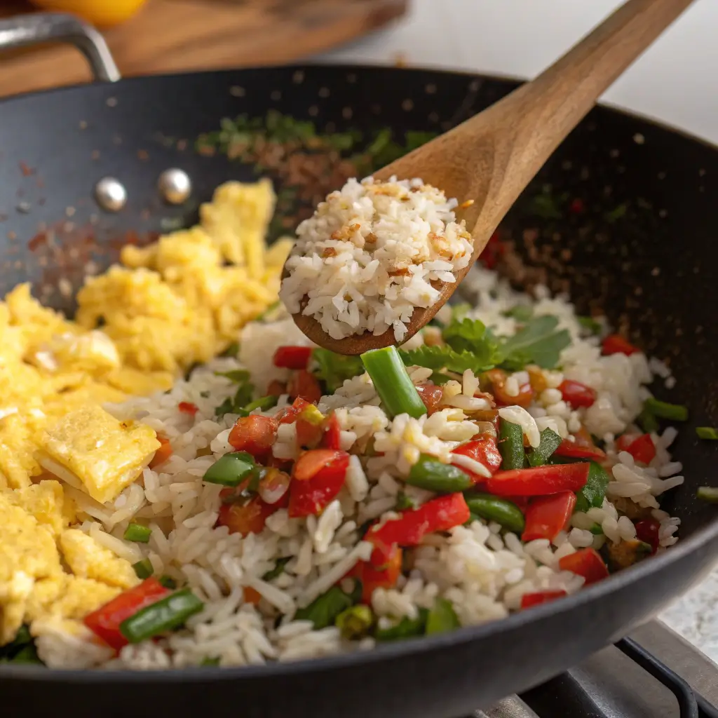 Close-up of scrambled anjappar egg fried rice recipe and basmati rice stir-fried in a wok