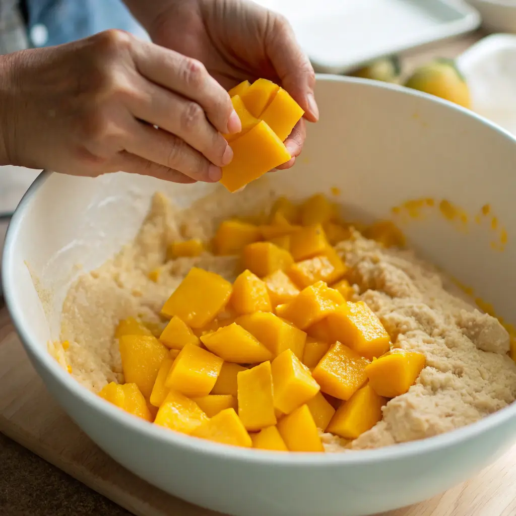 Hands folding diced mangoes into batter for dessert