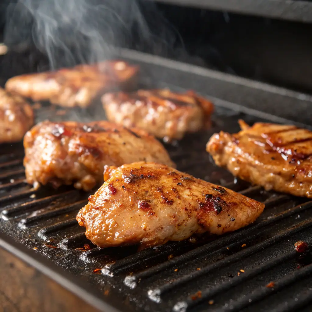 Close-up of marinated blackstone chicken recipes sizzling on a Blackstone grill