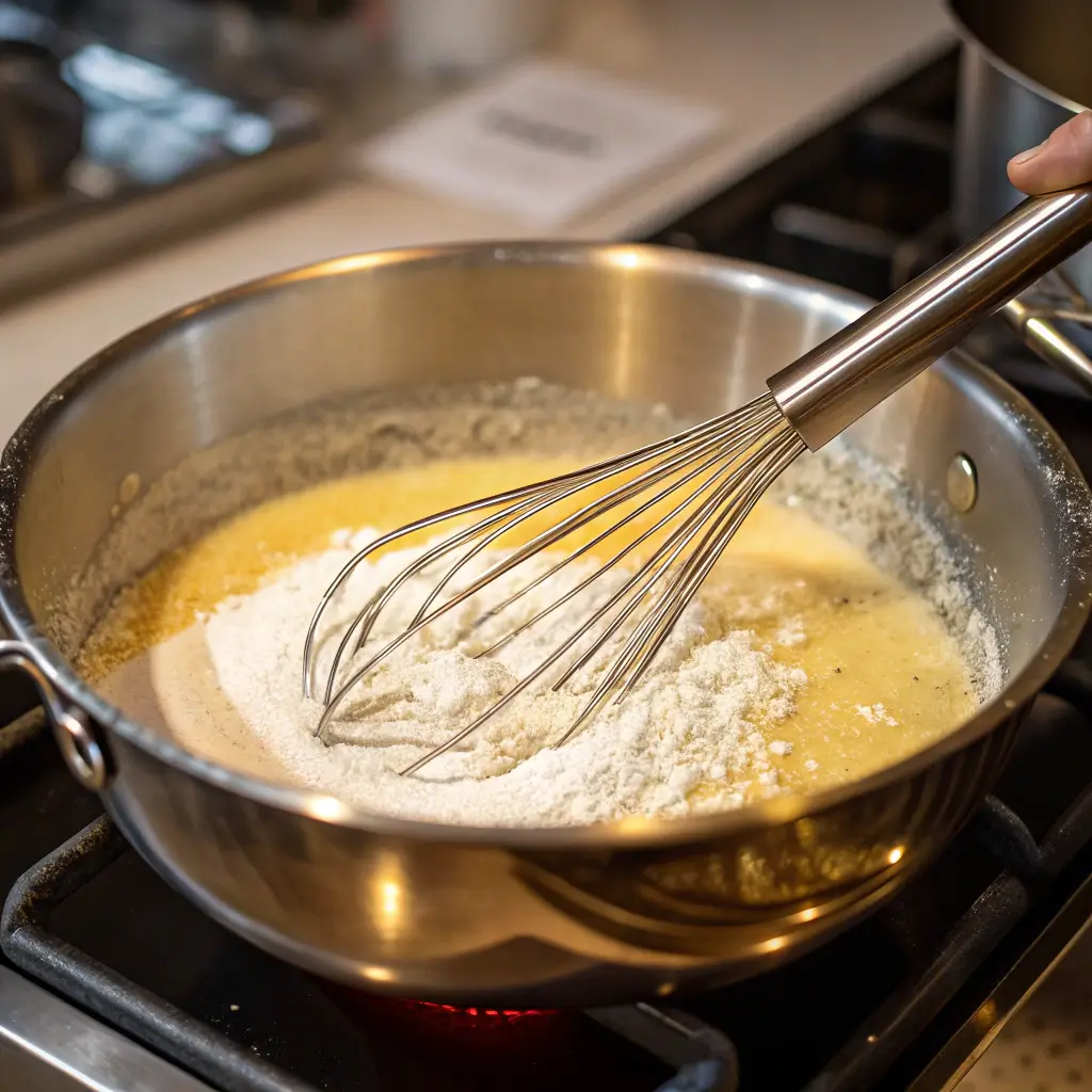 Saucepan with roux for cheesy corn recipe.