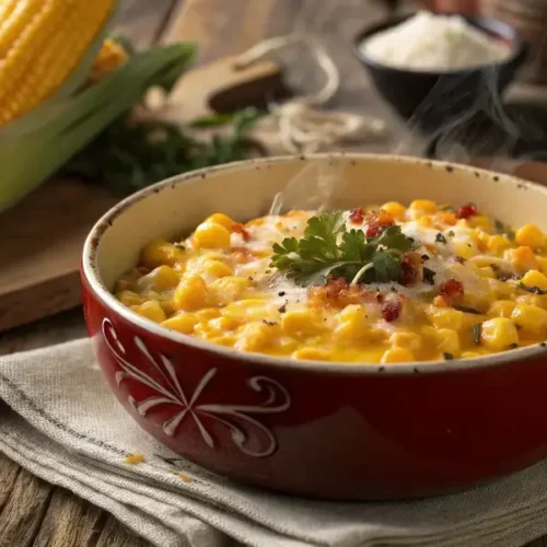 Steaming bowl of slaps cheesy corn recipe on a rustic table