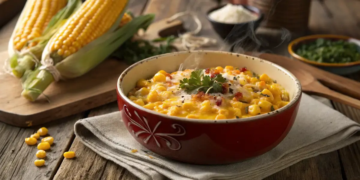 Steaming bowl of slaps cheesy corn recipe on a rustic table