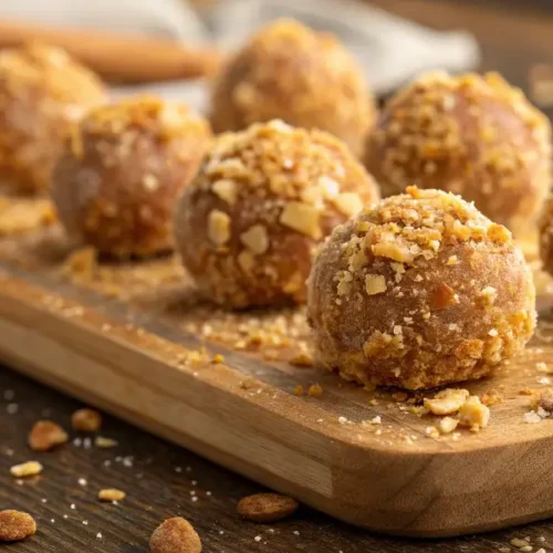 Close-up of freshly made butterfinger balls recipe on a wooden board