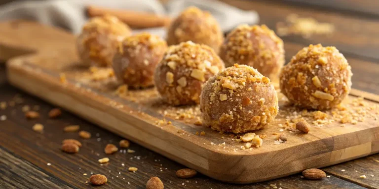 Close-up of freshly made butterfinger balls recipe on a wooden board