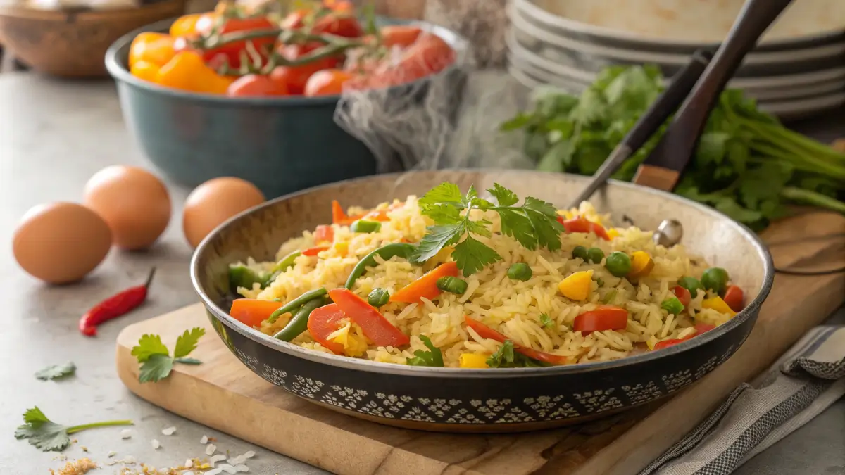 Sizzling anjappar egg fried rice recipe garnished with herbs and vegetables