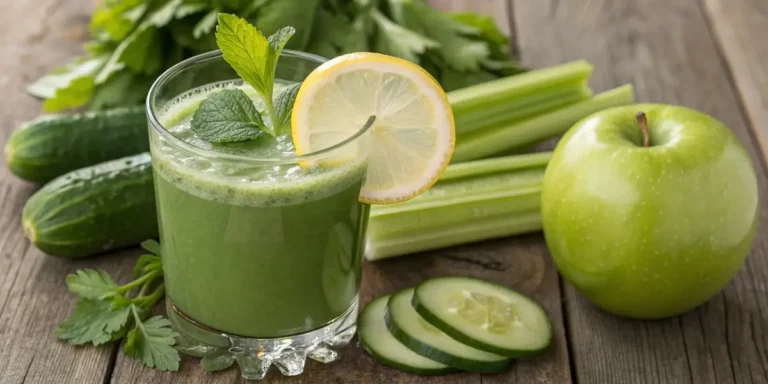 Refreshing detox juice recipe in a glass with lemon and mint