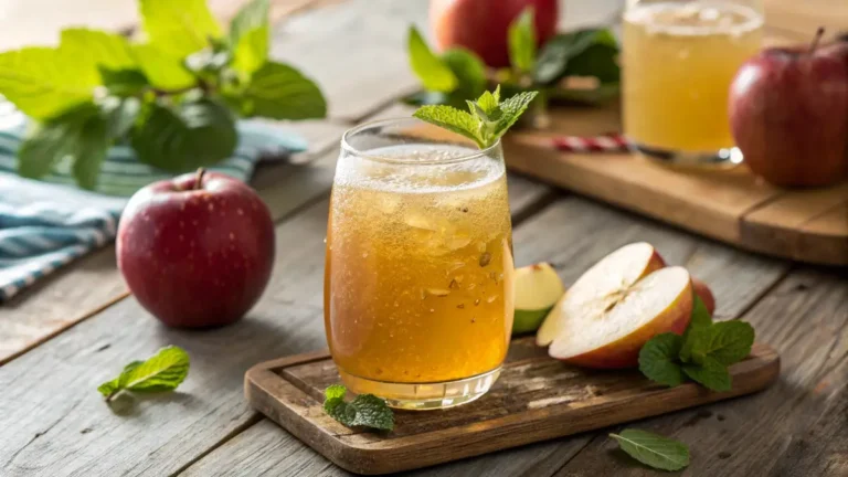 Fresh glass of apple juice recipe with apple slice and mint