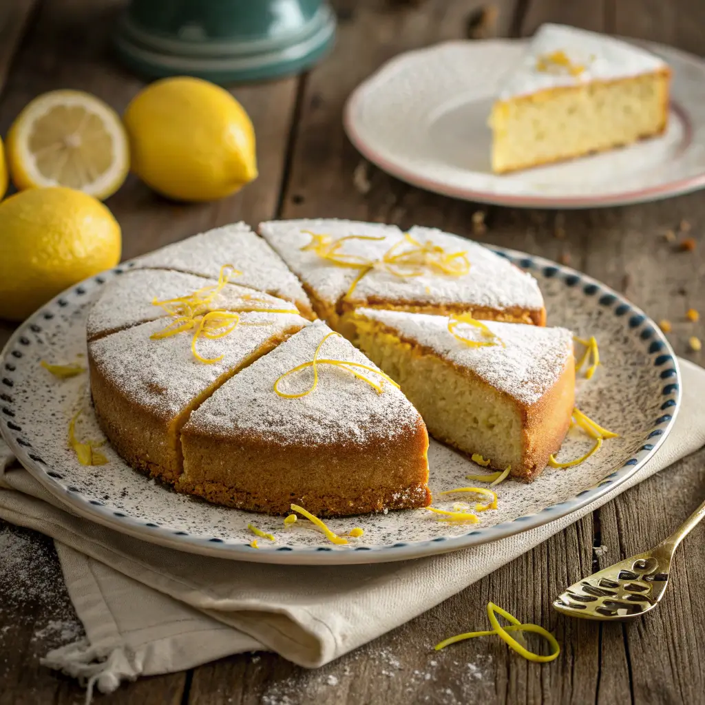 Sliced lemon cake with powdered sugar and lemon twist garnish