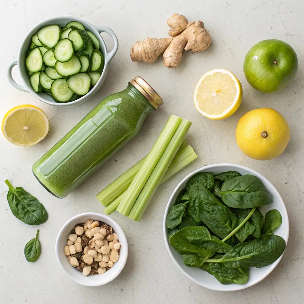 Fresh ingredients for detox juice recipe arranged on countertop.