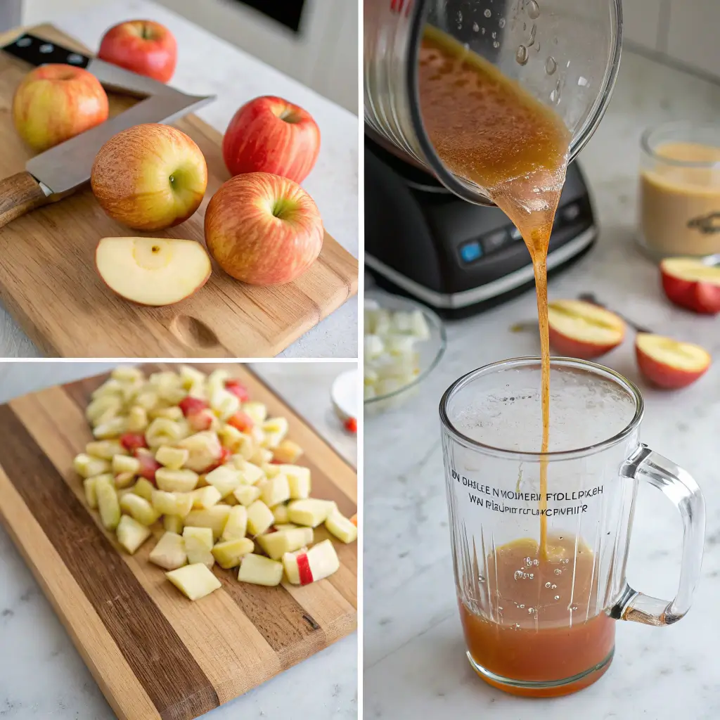 Step-by-step collage of apple juice preparation