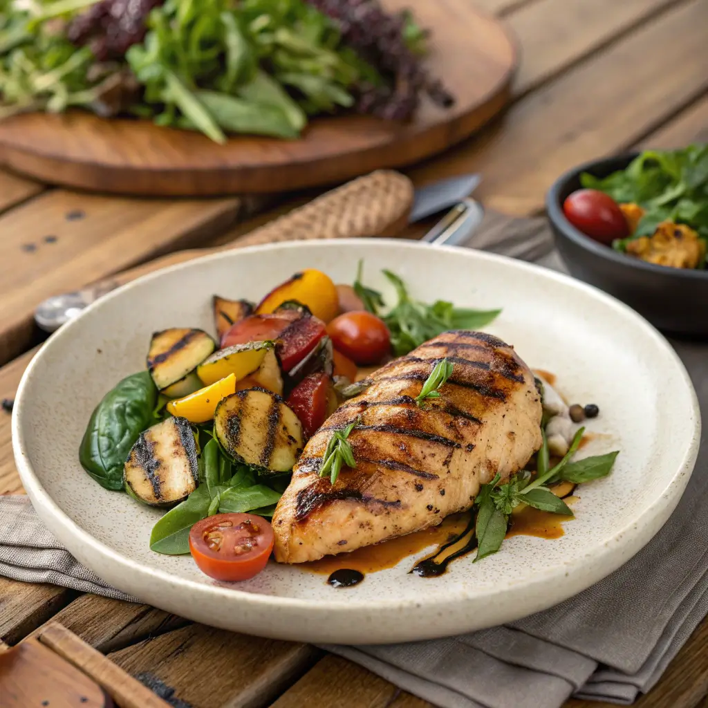 Finished Blackstone chicken dish plated with salad and grilled vegetables