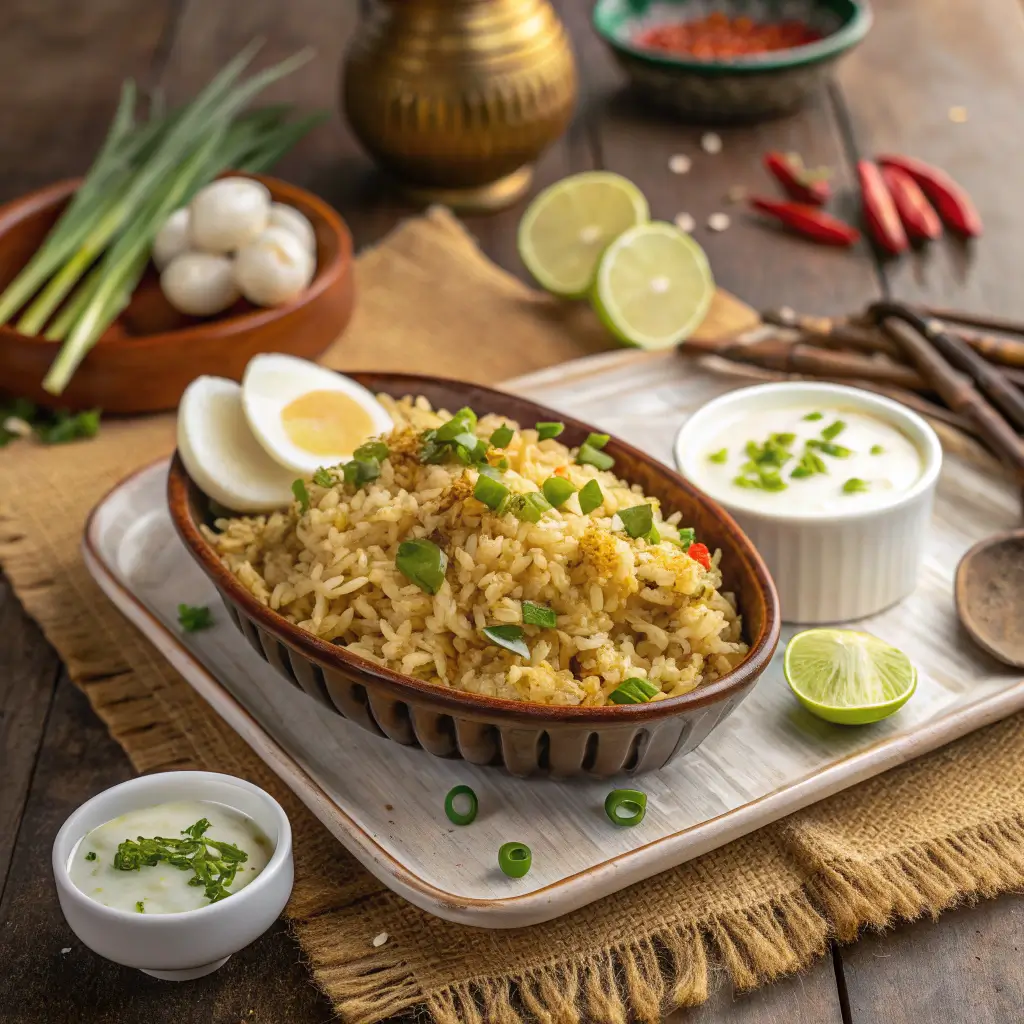 Finished anjappar egg fried rice recipe plated with raita and garnished with spring onions