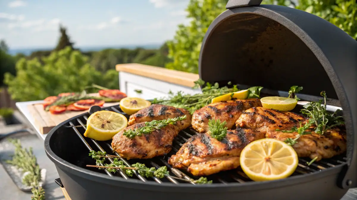 Sizzling grilled chicken on a blackstone chicken recipes grill with fresh herbs