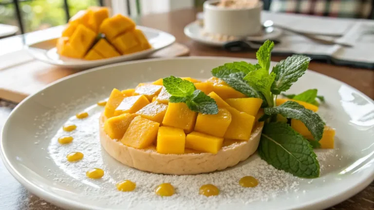 Overhead view of a plated mango dessert with diced mangoes and mint