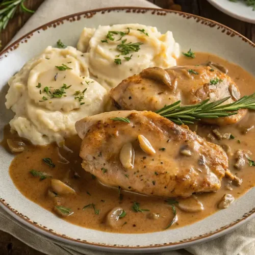 Plate of chicken and gravy with fresh herbs