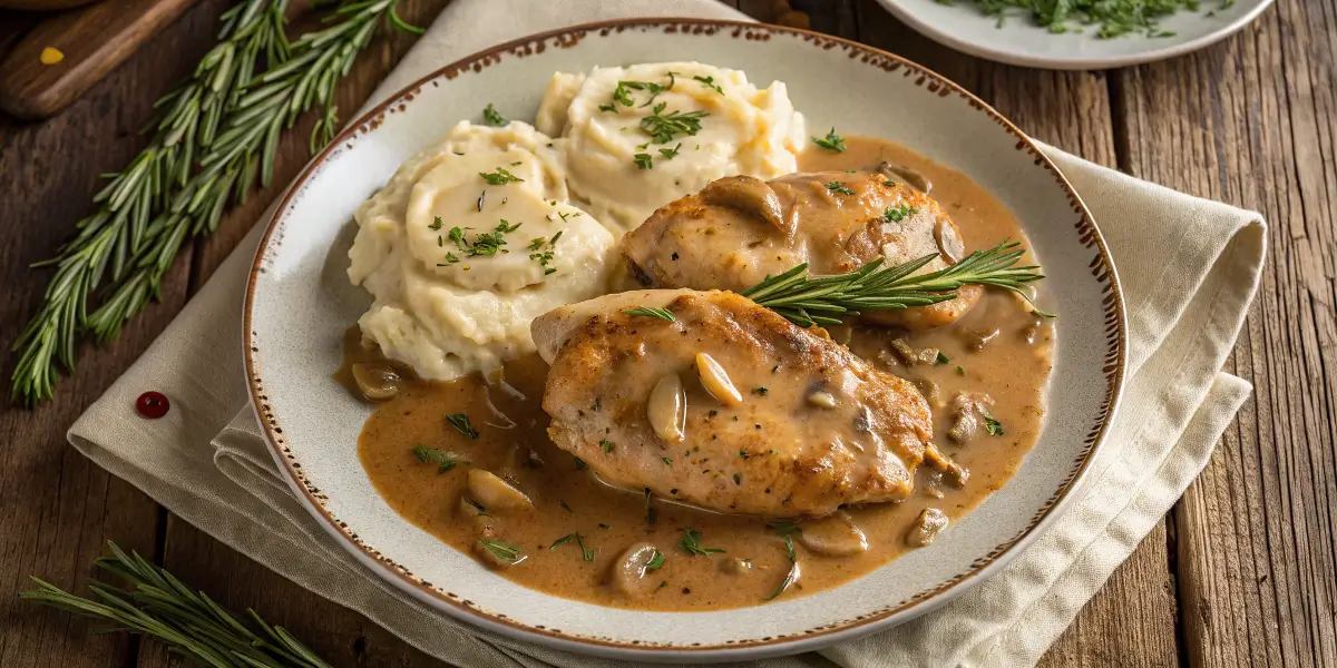 Plate of chicken and gravy with fresh herbs