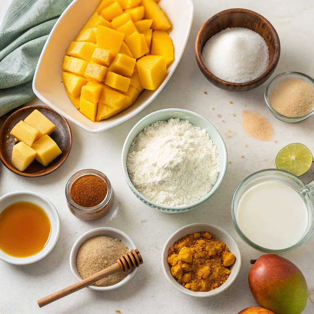 Flat lay of fresh ingredients for mango dessert recipes