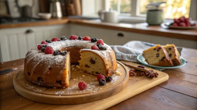 Caribbean Festival Rum Cake Recipe with powdered sugar and fresh berries.