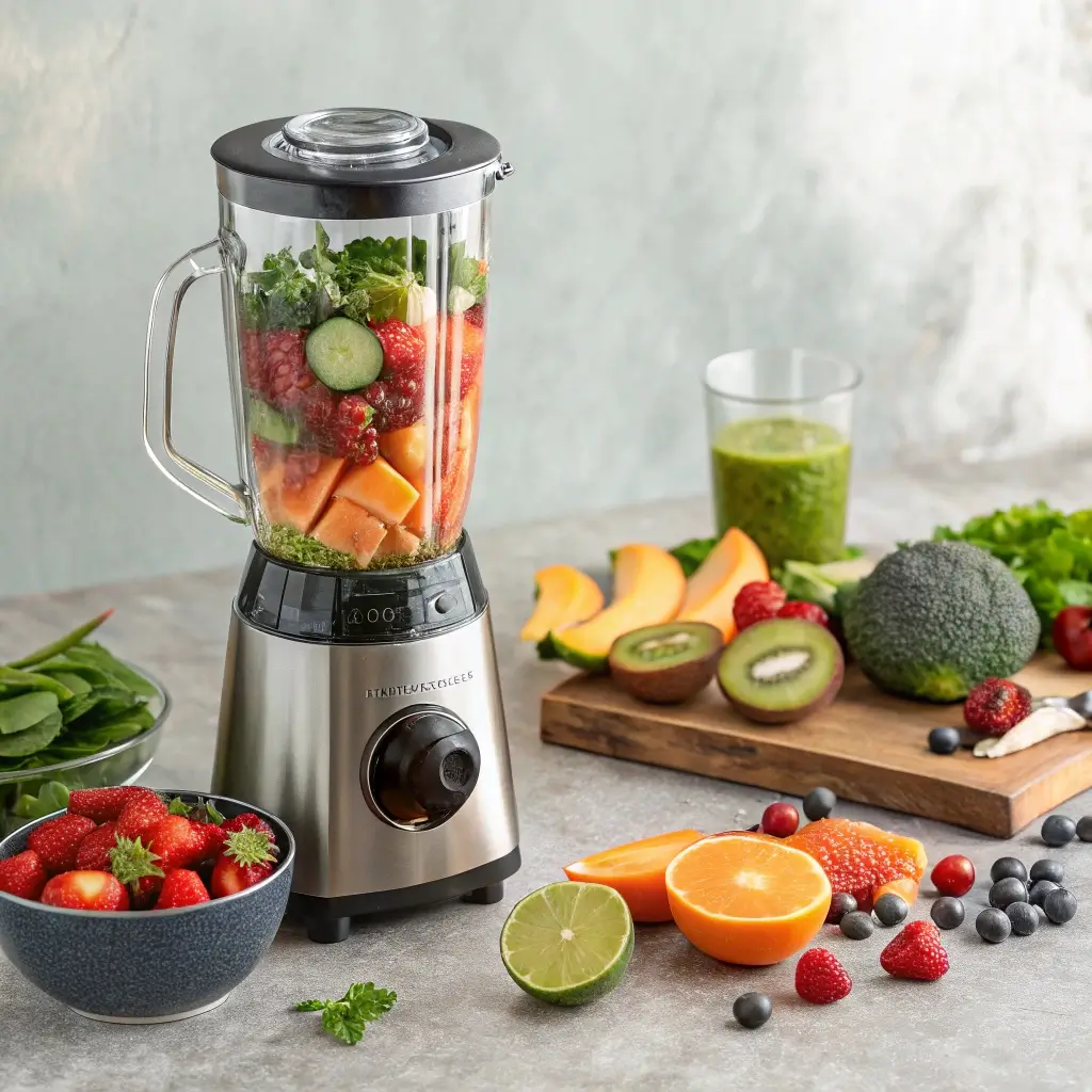 High-speed blender in action making detox juice.