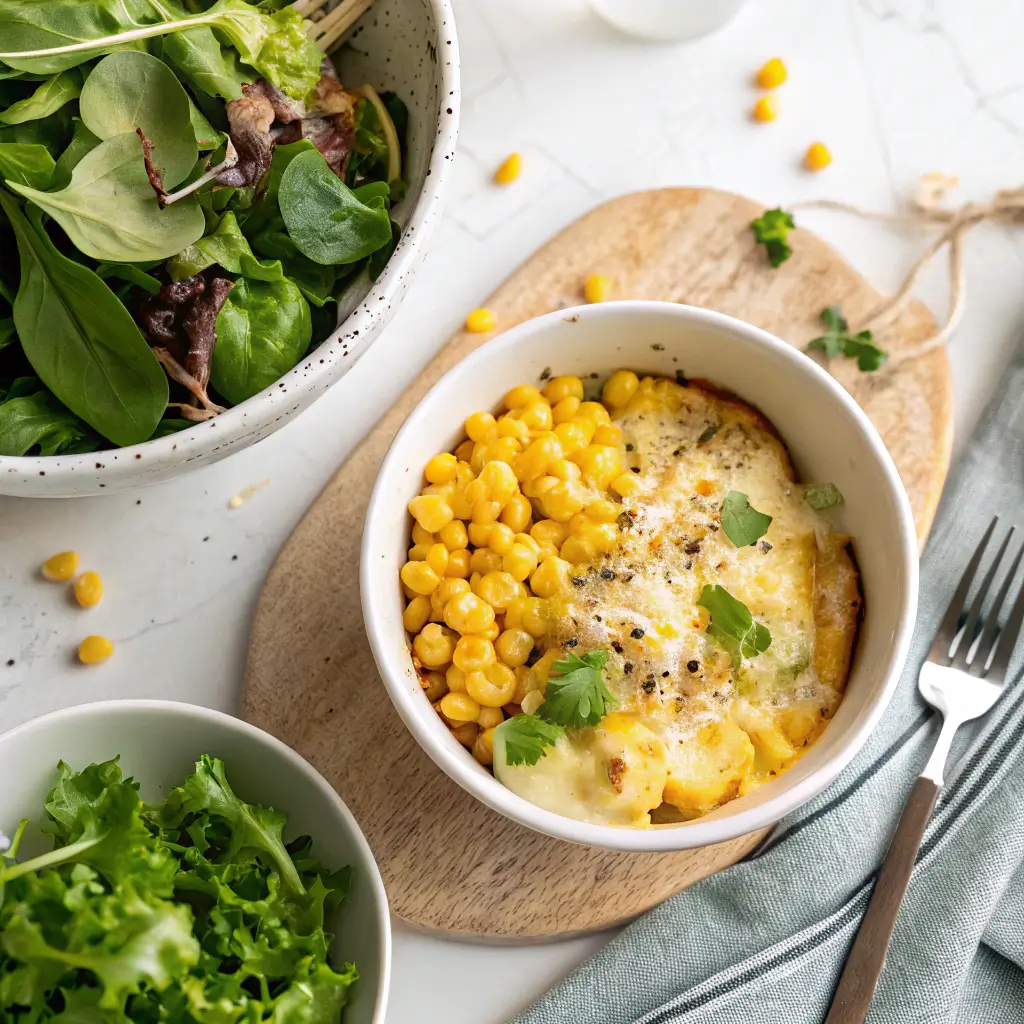 Plated cheesy corn with salad garnish.