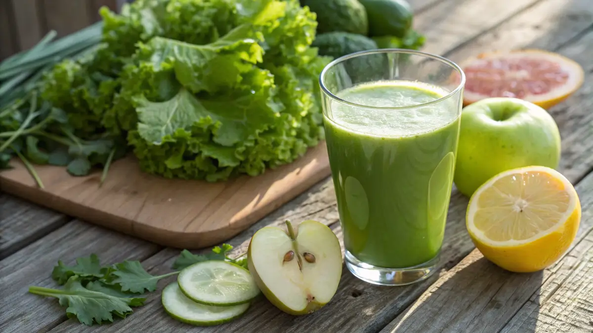 Glass of vibrant detoxifier juice with fresh greens and citrus