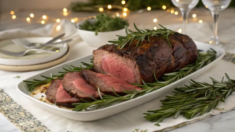 Festively presented beef shoulder roast garnished with rosemary and thyme