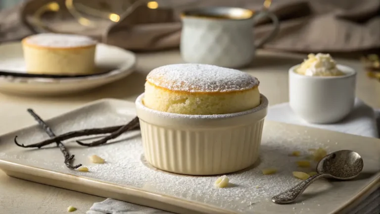 mini vanilla sponge cake recipe for one in an elegant ramekin with powdered sugar