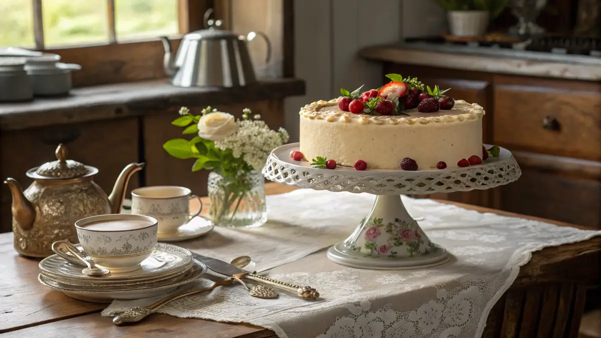 Elegant 18th century queen's cake on a vintage cake stand