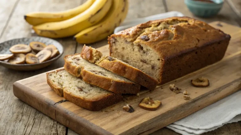 Freshly baked banana bread recipe made with cake mix, sliced on a rustic board