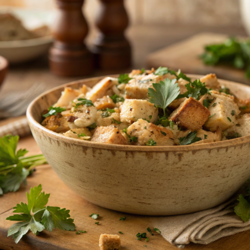 Bowl of cchicken and dressing recipe garnished with fresh herbs