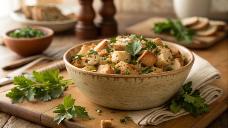 Bowl of cchicken and dressing recipe garnished with fresh herbs