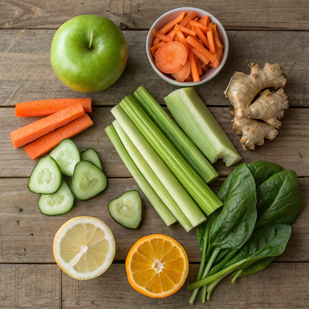 Flat-lay of fresh produce and ingredients for a nutrient-packed juicing recipes for weight loss