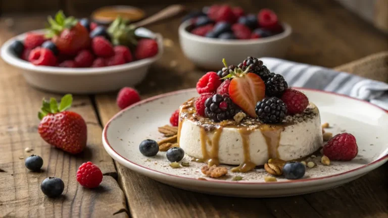 Close-up of a high protein dessert recipes with fresh berries and nut butter.