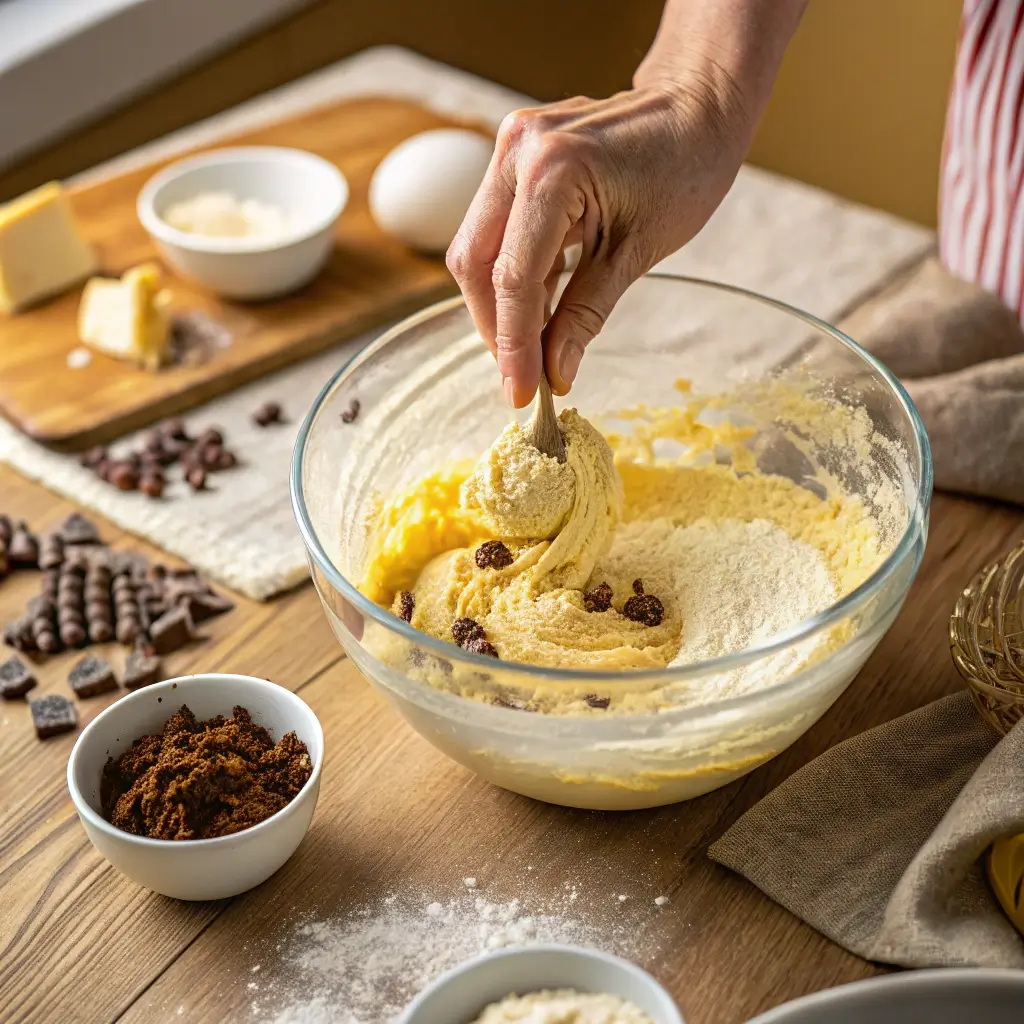 Hand folding mix-ins into Super Easy Muffin Pan Dessert Recipes