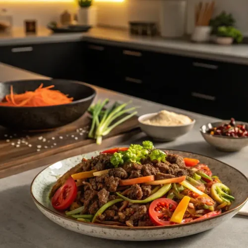 Overhead view of delicious ground beef bulgogi recipe on a plate