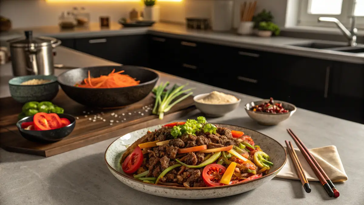 Overhead view of delicious ground beef bulgogi recipe on a plate