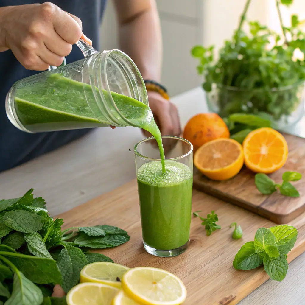 Pouring freshly blended juice with vibrant garnishes