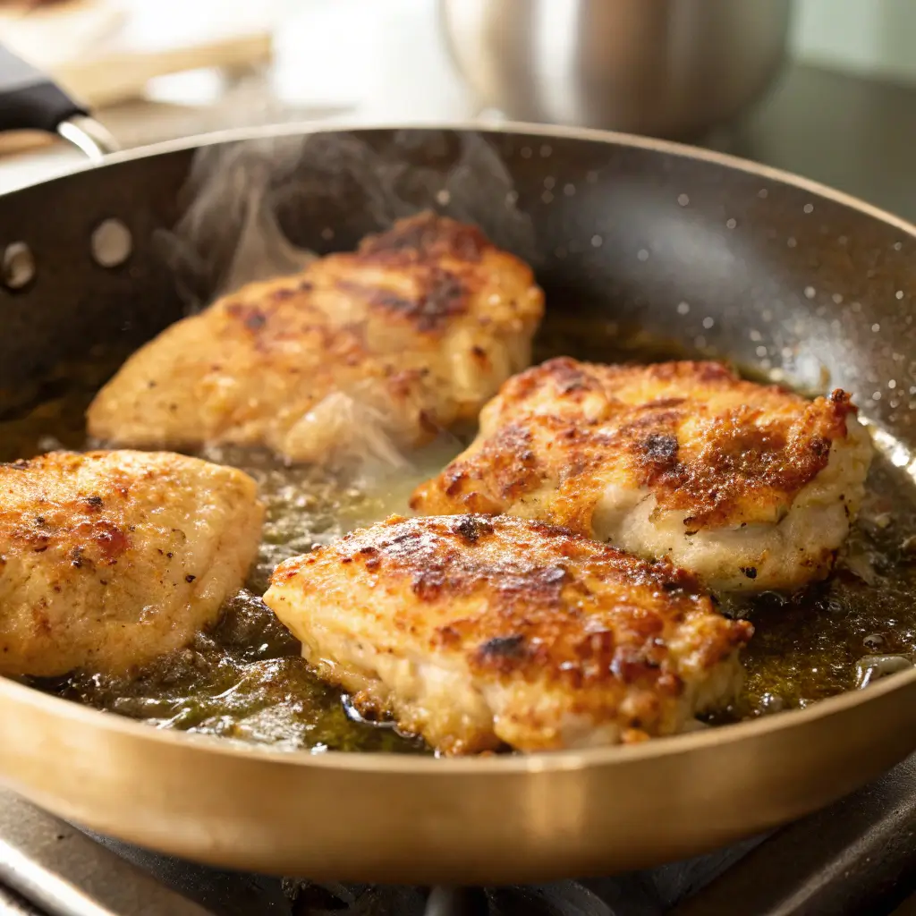 Chicken and Dressing Recipe cooking in a skillet with a golden crust