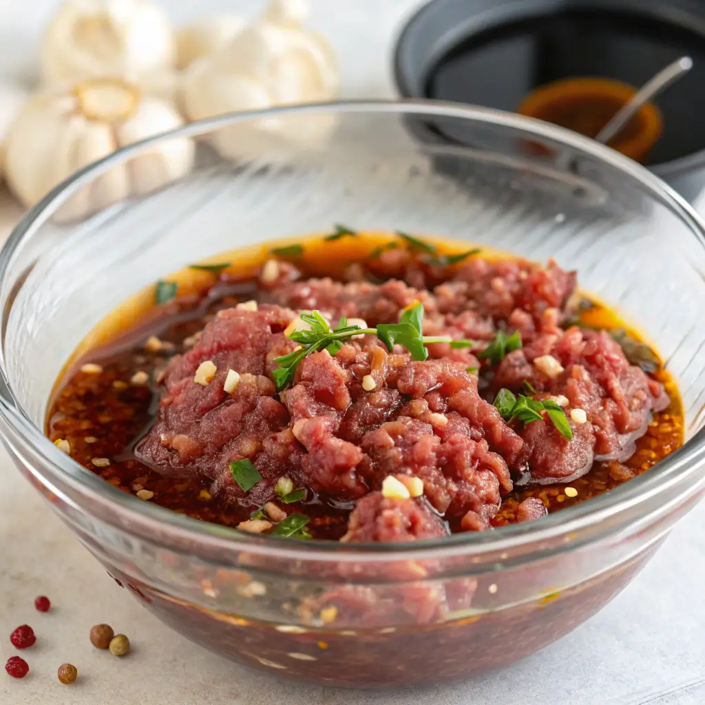 Close-up of ground beef marinating in flavorful sauce