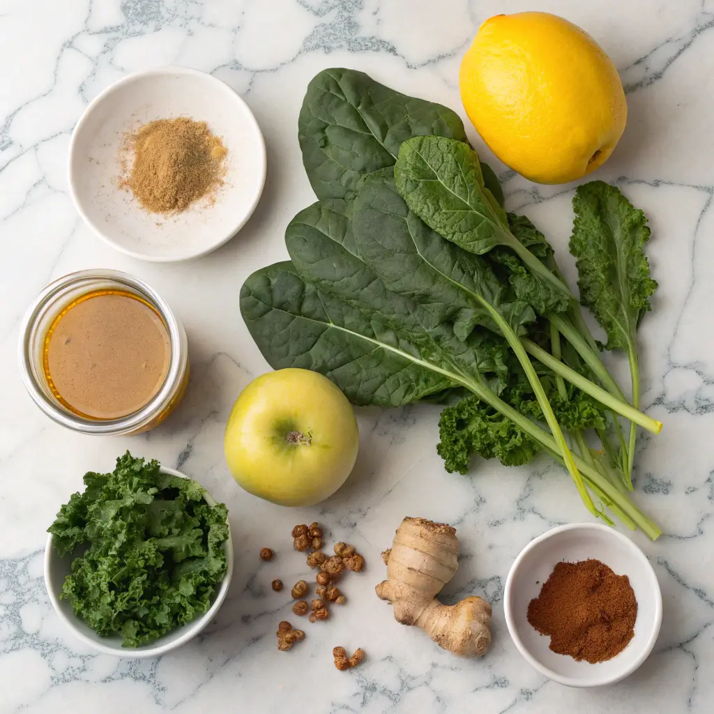 Close-up of detoxifier juice recipe ingredients on a marble countertop