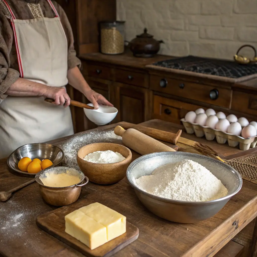 Baker preparing vintage 18th century queen's cake batter in a rustic kitchen