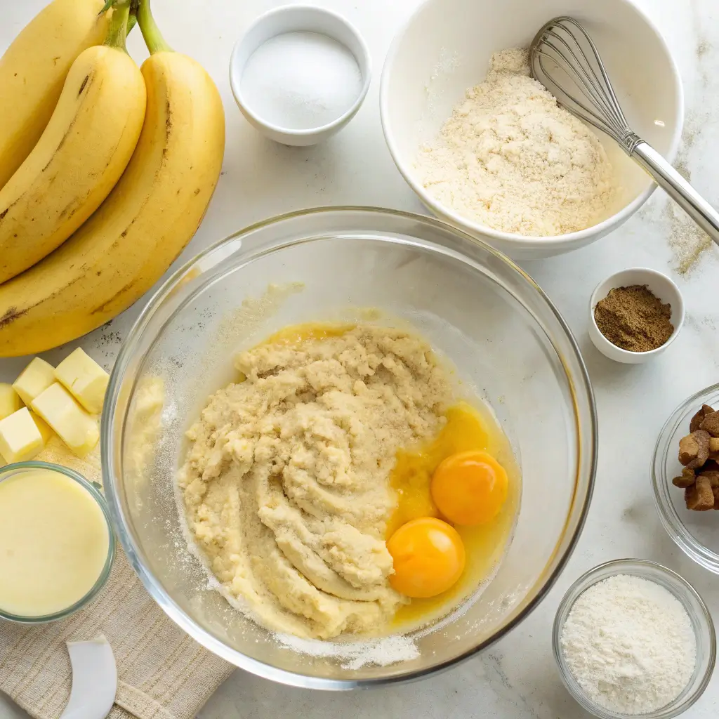 banana bread recipe made with cake mix batter ingredients being mixed in a bowl