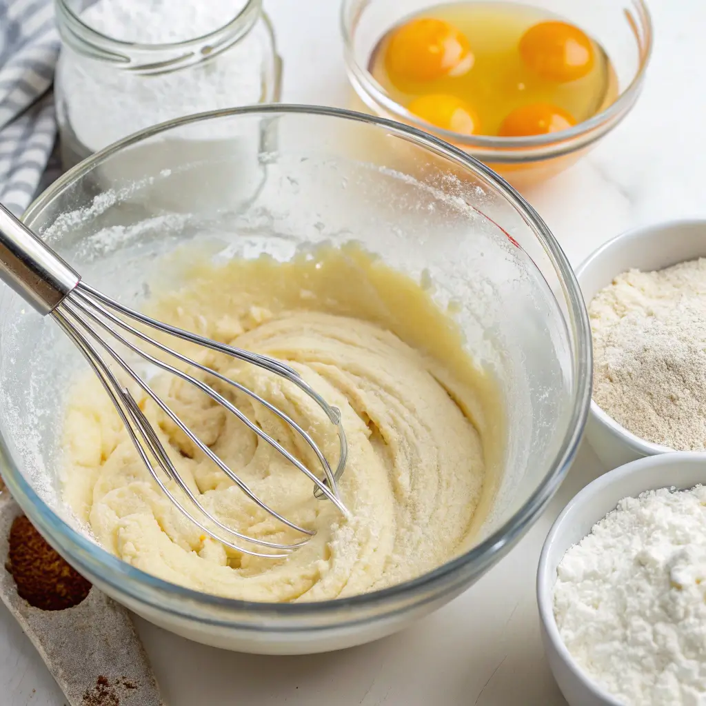 Close-up of mini vanilla sponge cake recipe for one batter ingredients being mixed in a small bowl