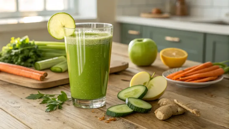 Refreshing juicing recipes for weight loss in a clear glass with fresh ingredients on a rustic table.